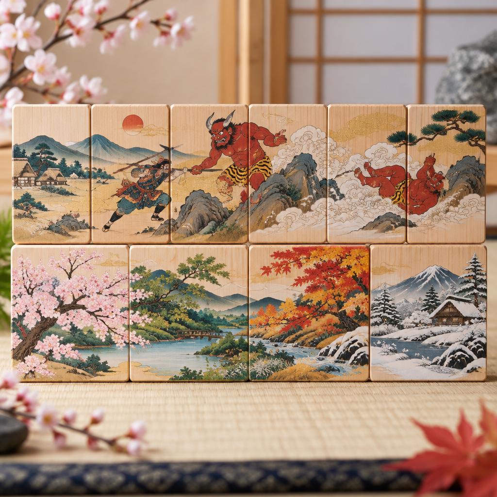 一枚ずつに広がる、浮世絵モチーフの鬼退治絵巻